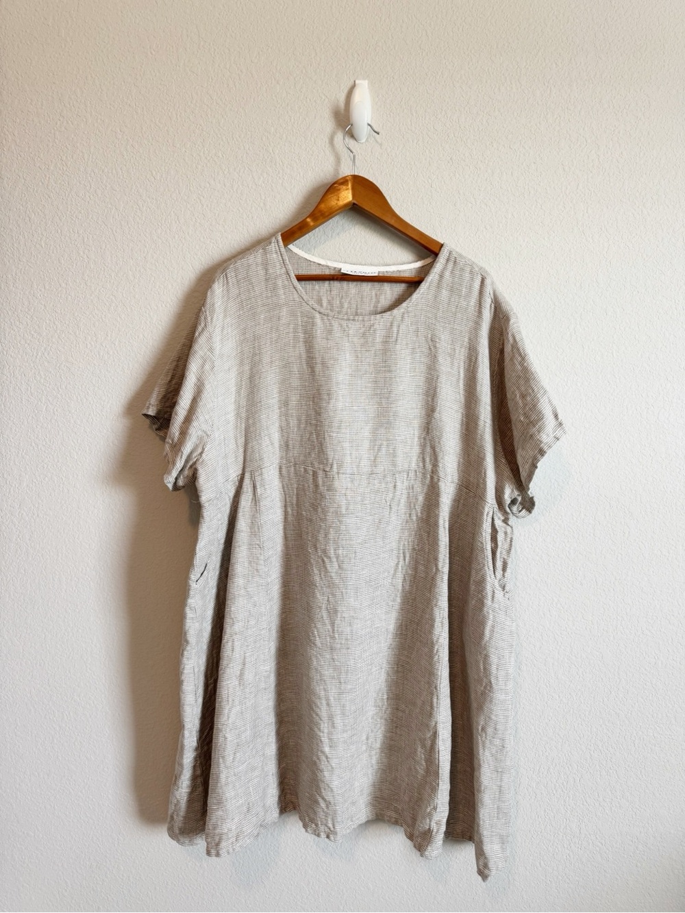Bryn Walker 100% Linen Tan Gingham Check Short Sleeve Tunic Dress Size XL
